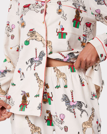 Organic Cotton Cream Christmas Animals Print Long Pyjama Set